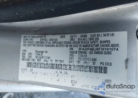 2015 Ford Fiesta Se z USA, uszkodzony, nr VIN 3FADP4BJ8FM191074